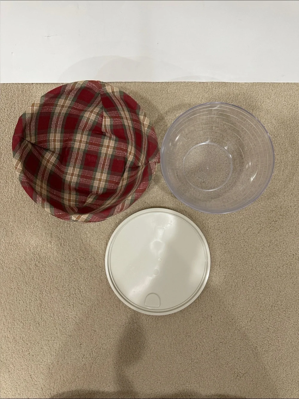 Longaberger woven basket, red plaid liner, bowl and lid